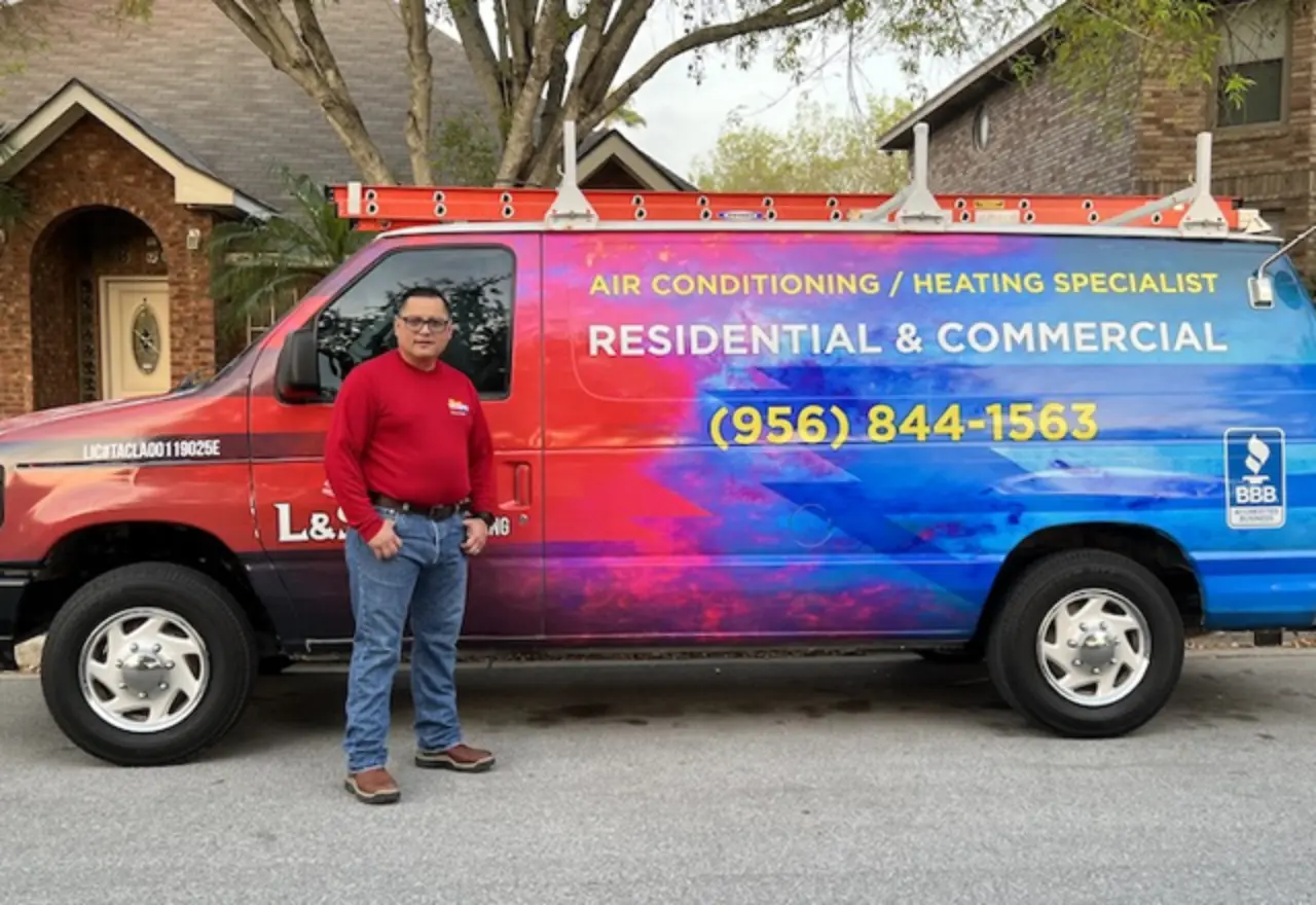 L&S Air LLC technician standing next to branded service van, featuring HVAC services for residential and commercial clients, with contact information displayed prominently.
