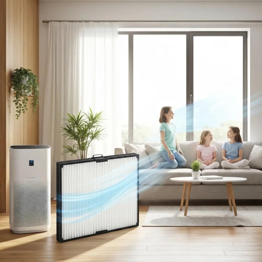 High-quality air filter and air purifier in a modern living room, emphasizing the benefits of enhanced indoor air quality